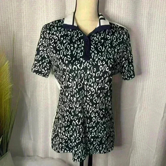 J Lindeberg Women’s Large Golf Polo Animal Print Blue And White Short Sleeve - Picture 1 of 12